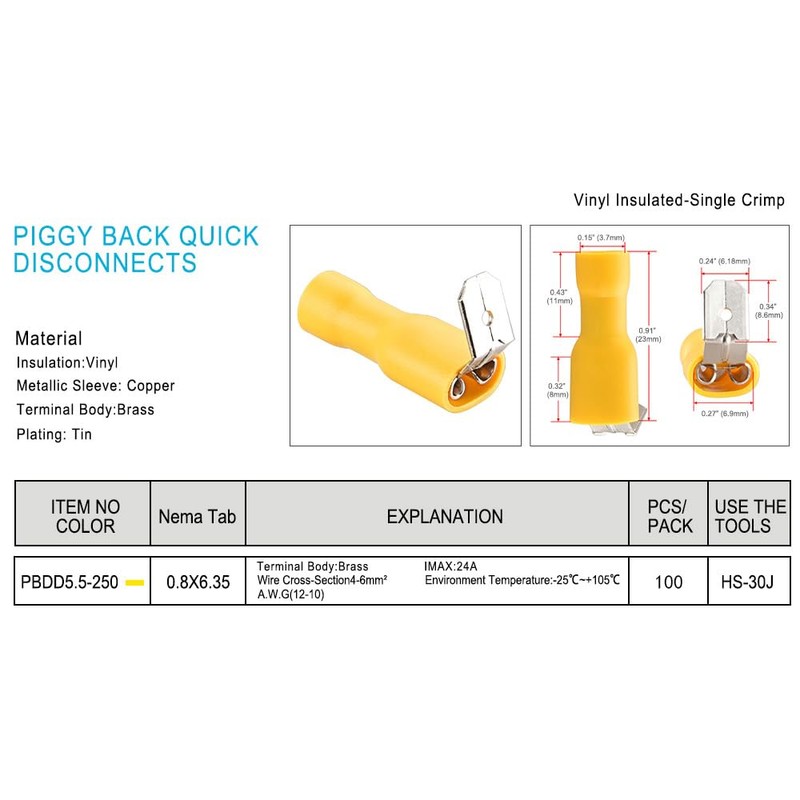 Heschen piggyback spade crimp terminal connector 0.5-6.0mm² (22-10 awg) yellow