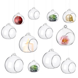 GlikCeil 12 Pcs 5.3'' 3.9'' 3.15'' Hanging Glass Tealights Candle Holder Large Globes Fillable Plant Clear Terrarium Orbs Air Plants Holder with Fishing Line Wedding Centerpiece Party Tree Decor