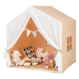HONEY JOY Kids Play Tent, Toddler Tent Indoor Playhouses with Mat, Windows, Curtain, Solid Wood Frame, 52" x36" x 52", Large Children Princess Castle Play Tent for Boys Girls (Brown)