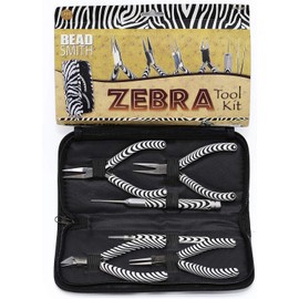 The Beadsmith Zebra Print Tool Kit – 6 Pieces: Chain, Round, and Bent Chain Nose w/Side Cutter, Tweezers, & Reamer with Zippered Pouch, 5-Inch Each