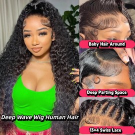 aallinine 30 Inch 13x6 Deep Wave Lace Front Wigs Human Hair Wigs for Women 180% Density HD Transparent Deep Curly Lace Frontal Wigs Human Hair Pre Plucked with Baby Hair Natural Color