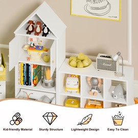 Leavader 42" Tall Bookcase Children's Bookshelf, Single House-Shaped Bookshelf for Kids with 8 Storage Cubbies and Drawers, Toy Storage Organizer for Playroom, Nursery and Kindergarten (White)