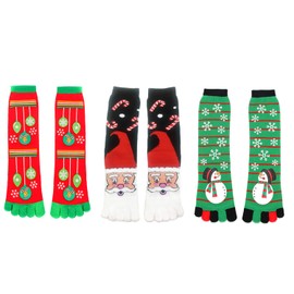 Benefeet Sox Womens Mens Christmas Toe Socks Funny Novelty Christmas Knee High Long Toe Socks Cute Five Finger Holiday Socks with Toes Separated Christmas Vacation Gifts, 3 Pack-Snowman Santa Claus