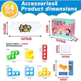 DUHLnote 64PCS Stack Game for Adult & Kids, Tetra Board Tower Games for Family Travel Party, 2 Players Balance Stacking Toy, Team Toys Building Block