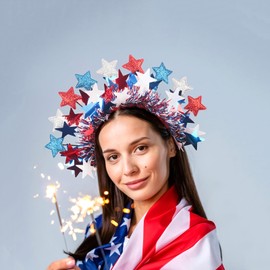 QDTK Happy 4th of July Head Bopper Headband USA Party Favors Glittery Patriotic Stars Flashing Design Independence Day Hair Accessories Headwear for Veteran's Day and Memorial Day(Style A)