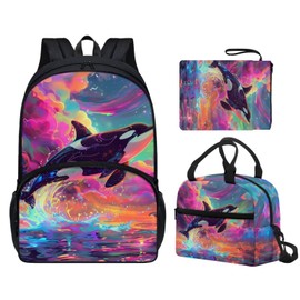 Uppodwarkid Orca Killer Whale Backpack Set for Girls Fantasy Galaxy Backpack for Notebooks Laptop Bottles Reusable Lunch Box with Insulated Interior Trendy Book Cover Protector for School Gifts