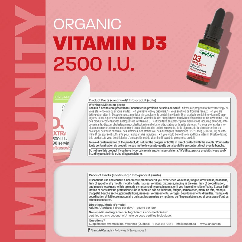 Land Art Certified Organic Vitamin D3 (490 Drops/Servings) - Extra