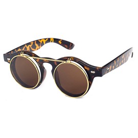 Kyiduo Round Flip Up Steampunk Sunglasses Classic Circle Shades for Men Women(Leopard, clear)