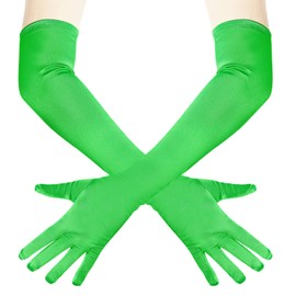 Wobe Long Opera Party 20s Satin Gloves Stretchy Adult Size Elbow Length Mardi Gras (Green)