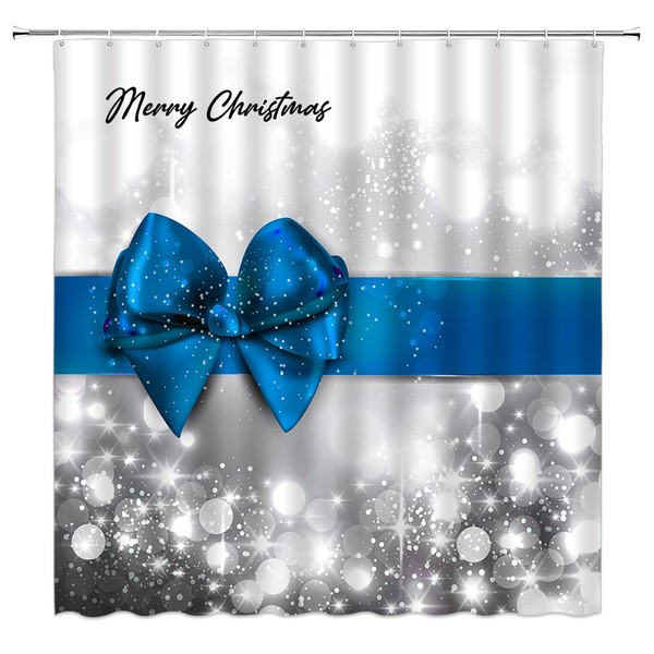 YSATNSFT Merry Christmas Shower Curtain Happy New Year Blue Bow