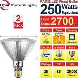 Explux 250 Watt Equivalent PAR38 LED Flood Light Bulbs, Super Bright 2700 Lumens, Dimmable, Full-Glass Outdoor Waterproof & Anti-Ageing, 2700K Soft White Spotlight, 2-Pack