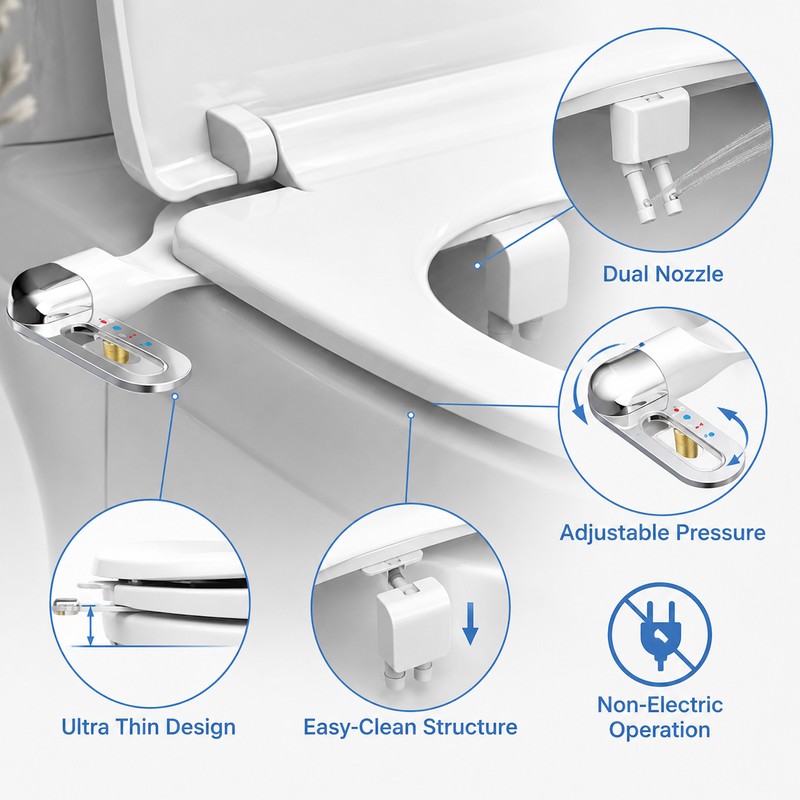 Ultra-Slim Bidet Attachment for Toilet Seats – Non-Electric Dual Nozzle