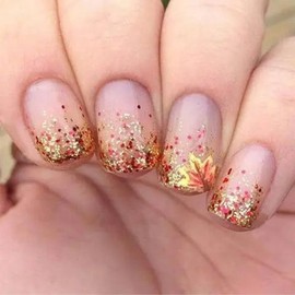 Autumn Thanksgiving False Nails Fallen Leaves Press on Nails 24Pcs Glossy Gold Glitter Acrylic Fake Nails Gel Glue on Nails for Manicure Fall Maple Leaves Stick on Nails for Coquette Women Girls