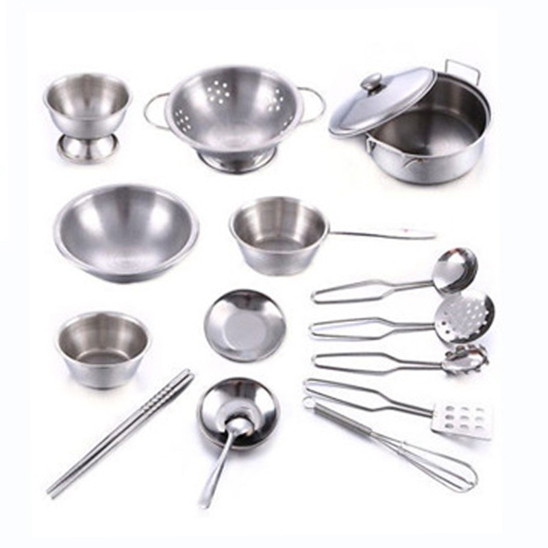 16PCS Pots and Pans Kitchen Toy Stainless Steel Pretend Play
