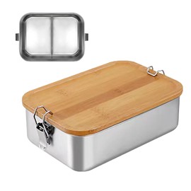Bento Lunch Box for Adults/Children, Stainless Steel Lunch Box with 2 Compartments/3 Compartments, Metal Tin with Wooden Lid, BPA-Free Metal Lunch Box, Breakfast Box for School/Excursions (800 ml, 2