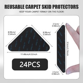 24 PCS Rug Pads Grippers, Non-Slip Rug Tape, Reusable and Washable Carpet Tape, Rug Corner Grippers for Hardwood Floors & Tiles (Black)