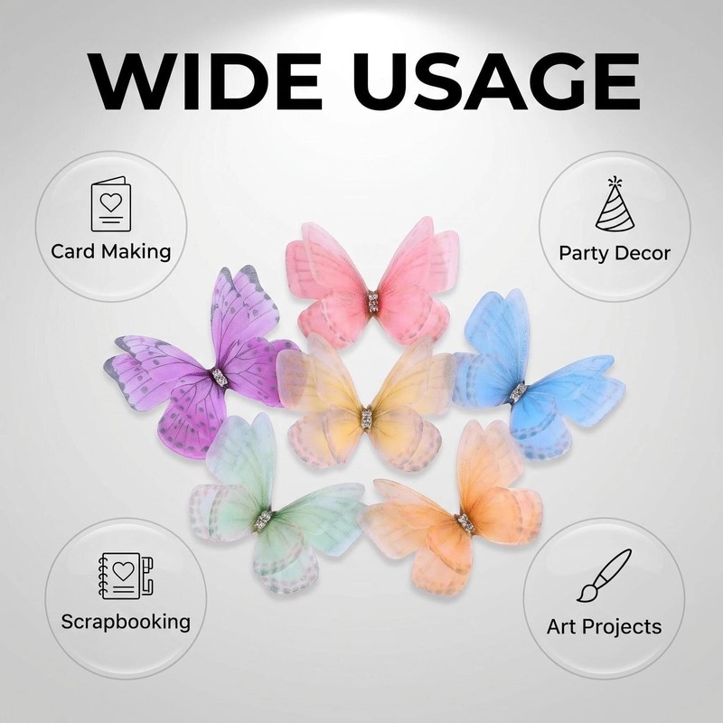 QIANSSE 60Pcs 10 Colors 3D Mesh Butterfly Appliques 5x3.5cm DIY