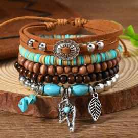 Unbranded Turquoise, Silver, Wood, & Leather Western Stack Bracelets with Charms -5 Pieces