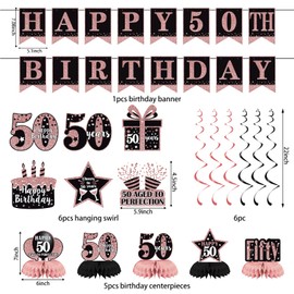 Trgowaul 50th Birthday Decorations for Women, 21pcs Rose Gold Happy Birthday Party Supplies, Backdrop, Hanging Swirl Flag, Birthday Balloons, 50 Year Old Birthday Set