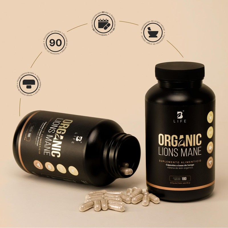 Hongo Melena de León 180 Cápsulas 1000 mg por porción.