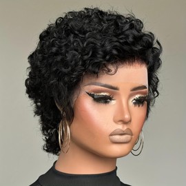 PangDongLai Pixie Cut Human Hair Wigs for Black Women13x2 Lace Frontal Wigs For Women Short Curly Bob Wigs 150% Density Real Natural Hairline Short Pixie Curly Wigs Natural Black Color
