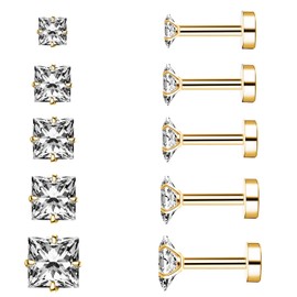 KWUNCCI Princess Cut Clear Cubic Zirconia Stud Earrings for Women Men Square Earrings Studs Hypoallergenic Surgical Steel Helix Screw Back Earrings 18G 5 Pairs 3-7mm