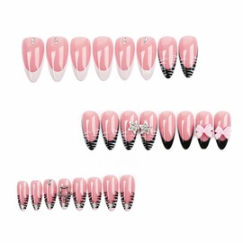 MERVF Almond Press on Nails Medium Black White French Tip Fake Nails 3D Star Bow Charms Glue ons Zebra-stripe Design Y2K Stiletto Acrylic Nail Supplies DIY Manicure Glossy 24pcs
