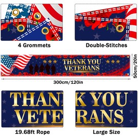 Large Thank You Veterans Banner 120x20 Inch Veterans Day Banner for Patriotic Decorations Memorial Day Hanging Backdrop Outdoor Supplies for Home Party with 19.68ft Ribbon