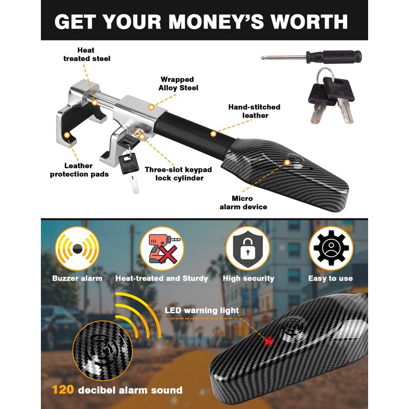Tevlaphee Steering Wheel Lock with Alarm,Heavy Duty Anti-Theft Car Device