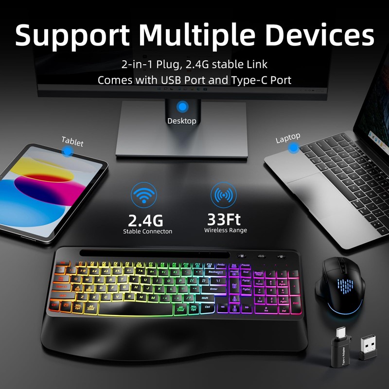 Hamile Ergonomic Wireless Keyboard and Mouse Combo, Wave Keys Full