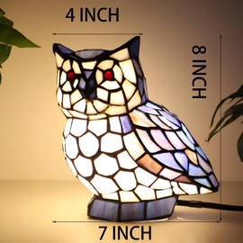 SYLW Tiffany Owl Lamp Blue and White Stained Glass Animal Table Lamp Accent Lamp