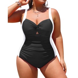 Daci Women Plus Size One Piece Swimsuits - Tummy Control Bathing Suits Full Coverage Twist Front Ruched Swimwear 2025, Black and White, 22 Plus