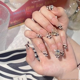 Glue-On Nails, Handmade Press On Nails, Long Gel Nails, Luxury Reusable Nude Artificial Nails with Zebra Stripes for Girls and Women, Everyday and Party, 10 Pieces Make Your Own Nails Set