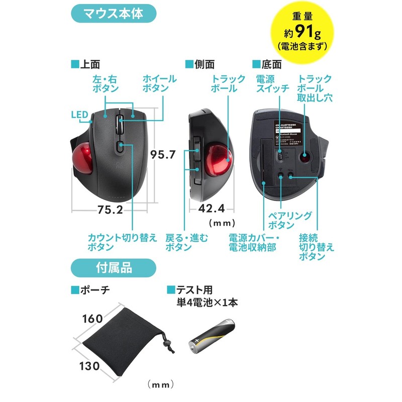 Sanwa Direct 400-MAWTB180BK Trackball Mouse, Wireless, Small, Quiet, Mac/Windows Compatible,