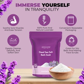 Aromasong Dead Sea Salt for Soaking with Natural Lavender Essential Oil – 14 Oz. Spa Bath Salt Fine Grain 7 Uses Per Pack - for Body Wash Scrub - Soak for Women & Men for Tired Muscles & Skin Issues