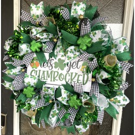 Lets Get Shamrocked Gnome Leprechauns St. Patrick's Day Deco Mesh Front Door Wreath, Shamrocks Clover,Porch Patio Yard Art Decor, Wall Decoration, Indoor Outdoor