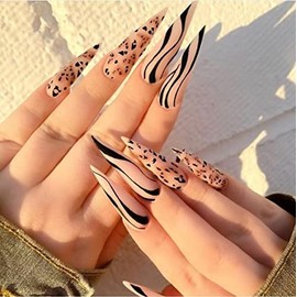 JUSTOTRY 24 Pcs Sharped Stiletto Almond Shape Press on Nails,Long Length with Black Swirl and Leopard Pattern Designs Oval Fake False Nails with Glue,Nail Art for Women and Girls Stick on Nails