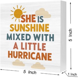 "She is Sunshine Mixed with a Little Hurricane" Boho Wood Sign - Inspirational Nursery and Kids Room Decor - Wood Block Quote for Girls Shelf, Wall - Unique Girl Gift (5x5 Inch)