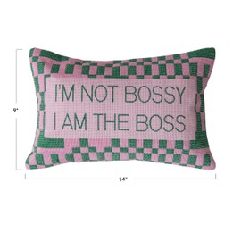 Creative Co-Op Cotton Velvet Embroidered Lumbar Pillow with Check Pattern I'm Not Bossy, Green/Pink