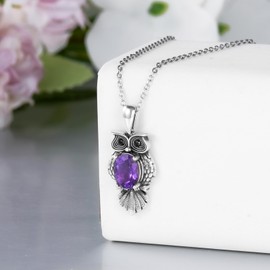 LONAGO Owl Necklace 925 Sterling Silver 6mm * 8mm Oval Cut Genuine Purple Amethyst Vintage Owl Pendant Necklace for Women