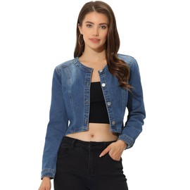 Allegra K Denim Jacket for Women's Collarless Button Down Crop Jean Jackets Small Blue