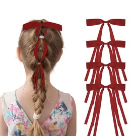 Women's Satin Hair Bows 4PCS - Long Ribbon Barrettes for Girls, Double Layer Silk Hair Clips Accessories (Red)