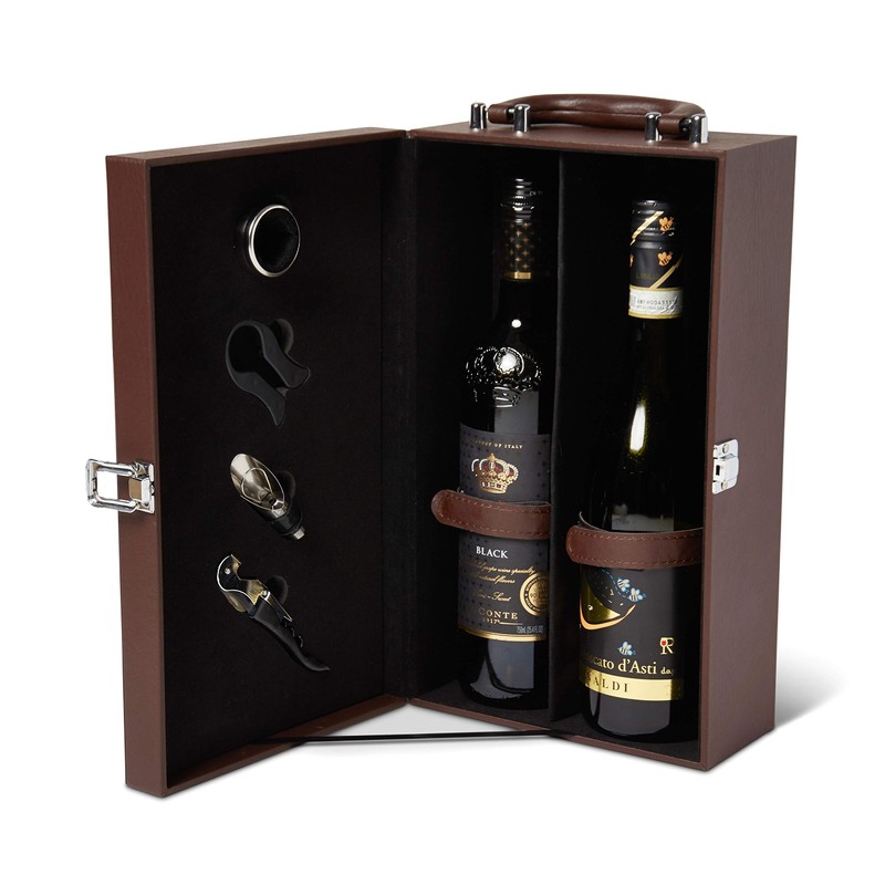 VADCAD Brown 2 Bottle Wine Carrier Case with 4 Piece