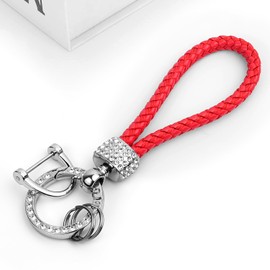 Tukellen for Luxurious Leather Braided Car Keychain with Rhinestones - Perfect Women’s Gift Stylish and Durable (Red)