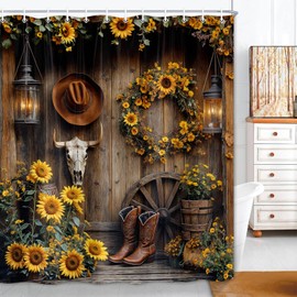 Western Cowboy Shower Curtain, Rustic Farmhouse Cow Skull Barn Door Country Wood Southwest Boots Sunflower Floral Bathroom Curtain, Waterproof Fabric Bath Bathroom Curtain Set with Hooks 72X72Inch