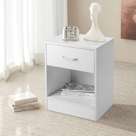 HOBBYN Nightstand,Set of 2 Cabinet End Tables Pair Bedroom Table Furniture Multiple Colors with Drawer & Basket (White, 1 Drawer)