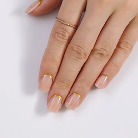 Short Press On Nails Square, Nude Fake Nails with Graceful Golden Curve at the Base, Glossy Gel Finish Acrylic Nails, Natural Reusable Glue On Nails Kit for Women, 15 Sizes - 30Pcs, Graceful Edge