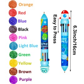 Maydahui 12 Pcs 10-in-1 Multicolor Outer Space Retractable Ballpoint Pen 10 Colors Cartoon Spaceman Alien Rocket Astronaut Pens 0.5 mm for Students Teachers Office Supplies Space Theme Party Favor