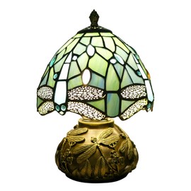 VirtueKing Blue Dragonfly Style Tiffany Table Lamp Small Stained Glass Lamp 8" Wide 12" Tall Tiffany Lamp Mushroom Desk Light for Bedroom Home Office Decor with Color Changing LED Bulb