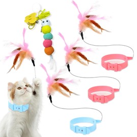 BangBoom 5 Pieces Interactive Cat Toy Set, Colorful Cat Feather Collar Toy & Hanging Cat Toy, Indoor Cat Teasing Wand Door Toy for Kitten Christmas Kitty Pet Play (5)